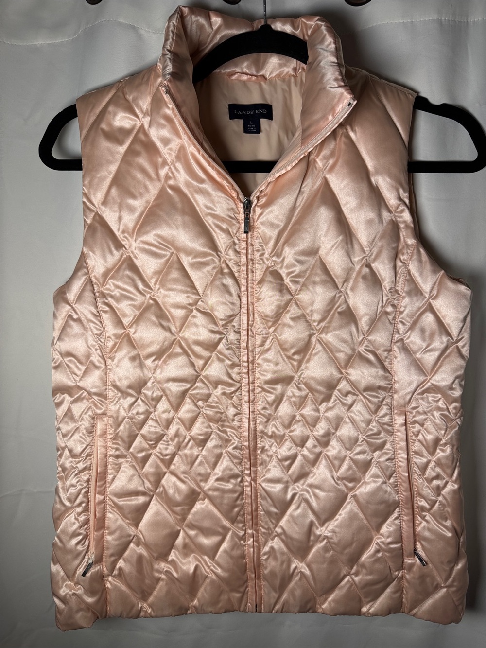 Lands' End Women's Quilted Satin Puffer Vest - Light Pink size Large 14/16